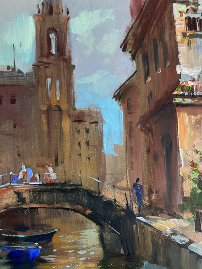Oil painting of busy Venice streets by Yuriy Suprunchuk, sunlit canal scene