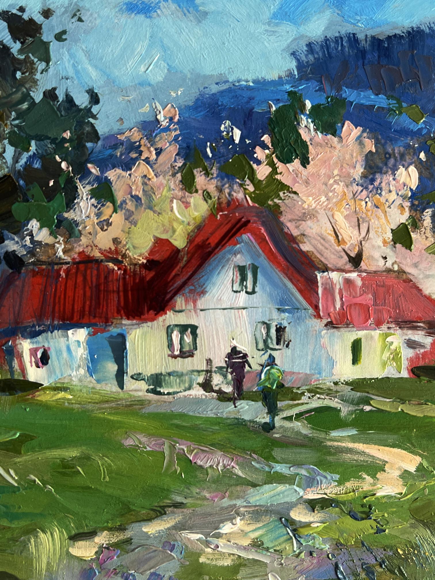 Vibrant impressionist oil painting of blooming trees in garden by Yuriy Suprunchuk