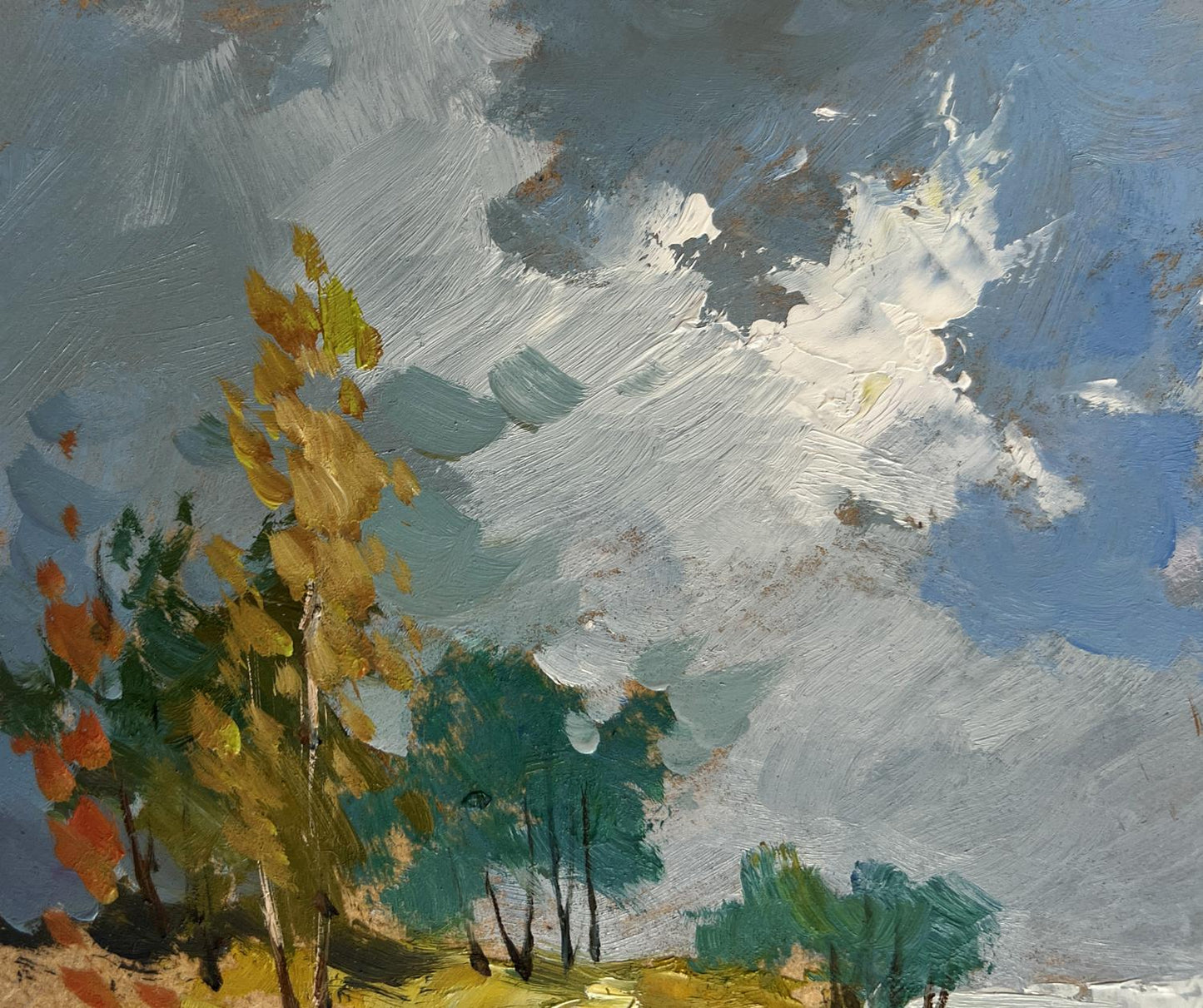 Oil painting Autumn trail with golden orange leaves by Yuriy Suprunchuk