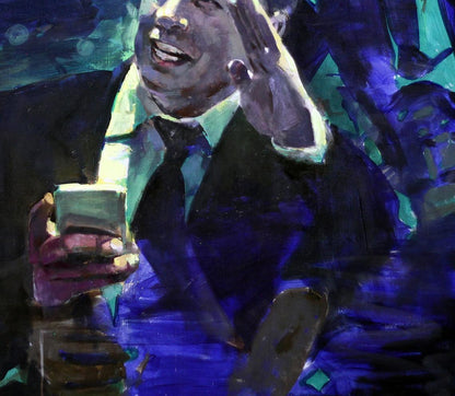 Oil painting of Elon Ed Potapenkov in suit holding smartphone to face