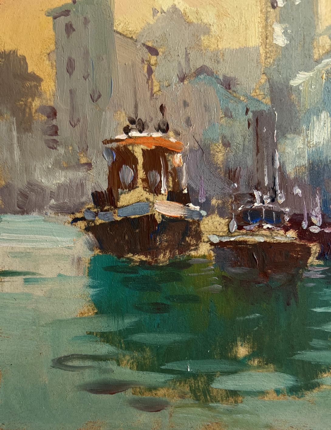 Oil painting of rustic wooden boat with orange roof at Venice sunset by Yuriy Suprunchuk