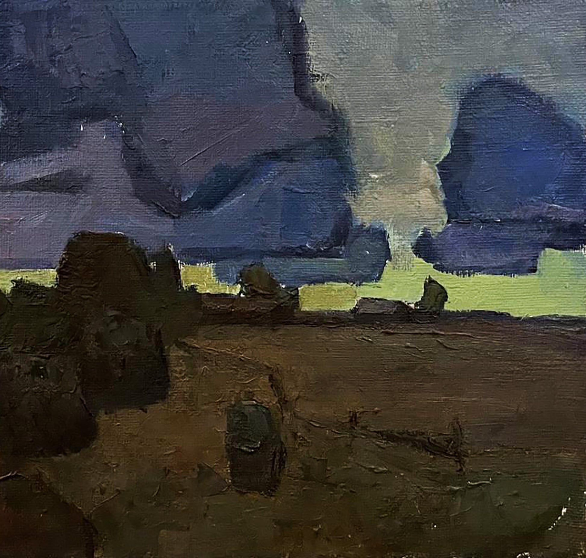 Oil painting Evening stacks by Oleksandr Andreev moody landscape