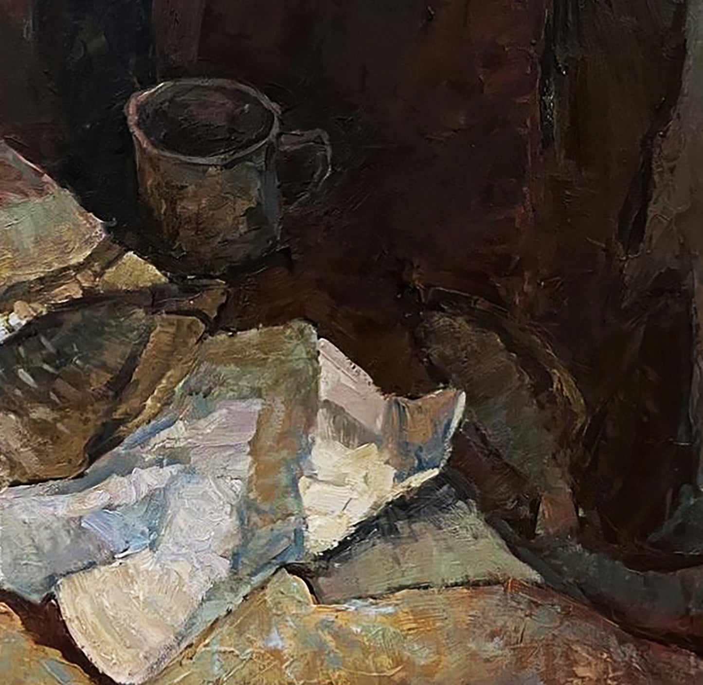 Oil painting of dark textured metal mug with fish by Oleksandr Andreev