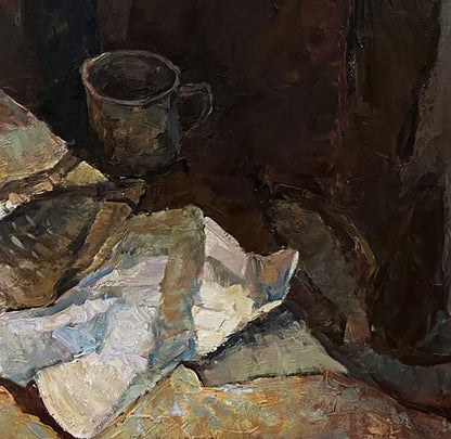 Oil painting of dark textured metal mug with fish by Oleksandr Andreev