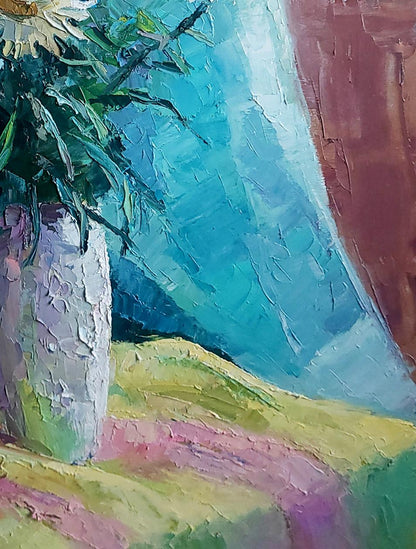 Oil painting Chamomile Boris Serdyuk: light gray textured vase with white flowers