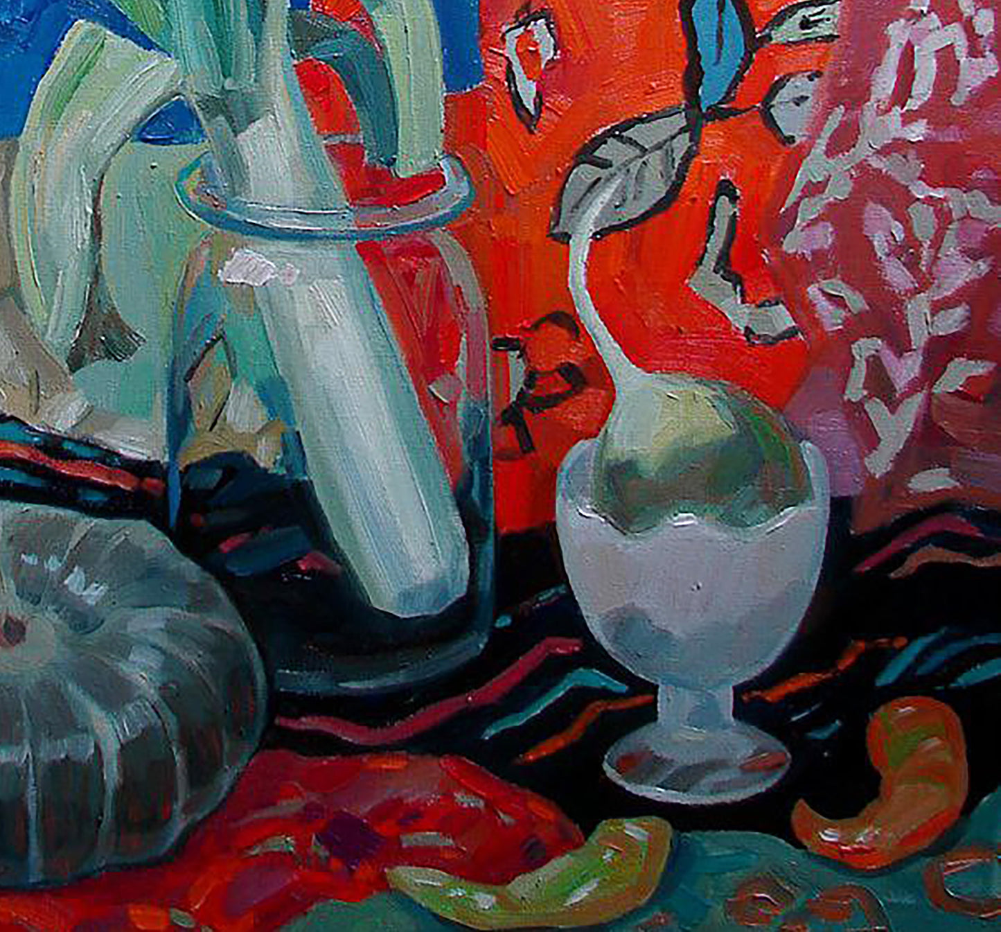 Oil painting by Tatyana Shulyak: translucent blue vase with pale green stalks