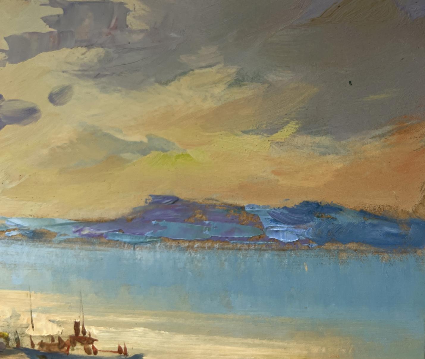 Oil painting Orange sunset in the sea by Yuriy Suprunchuk, textured coastal scene