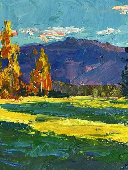 Vibrant impressionist golden birch forest oil painting by Boris Serdyuk
