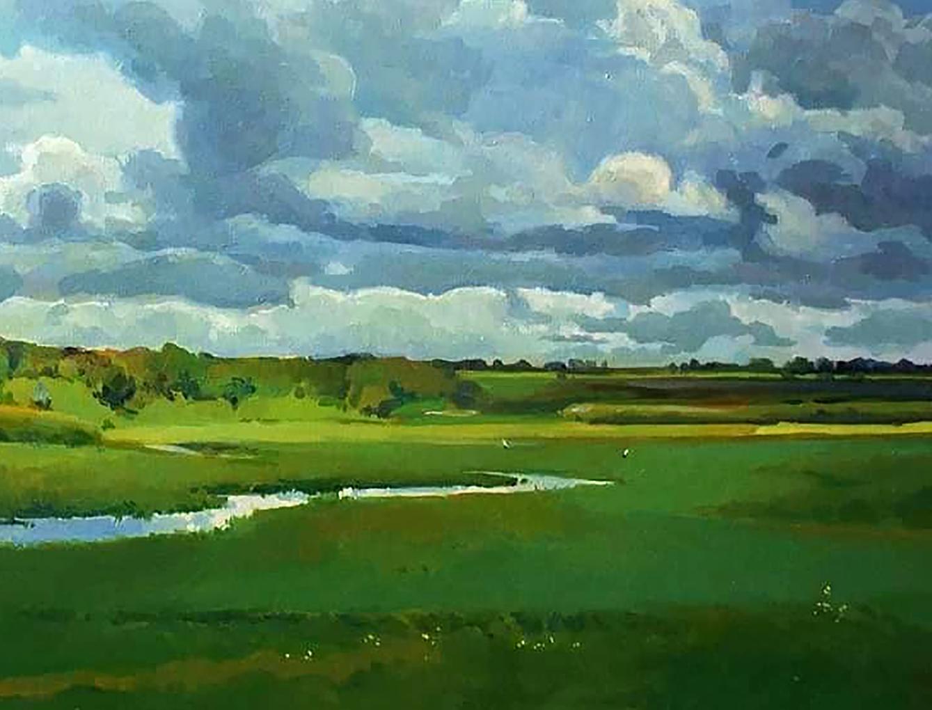 Oil painting by Anastasia Yaroshevich: vibrant green fields under swirling sky