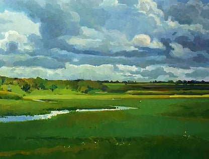 Oil painting by Anastasia Yaroshevich: vibrant green fields under swirling sky