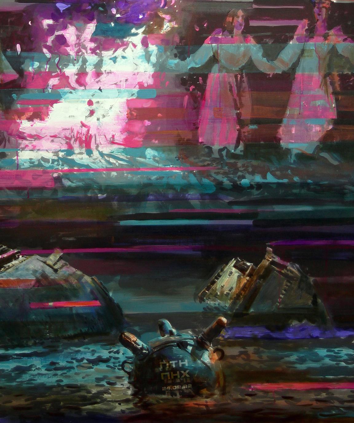 Futuristic armored figure in dark blue gear amid submerged wreckage, Oil painting Rite Ed Potapenkov