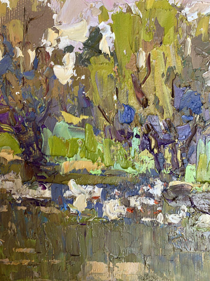 Oil painting Geese in the Lake by Oksana Ivanyuk, lush landscape