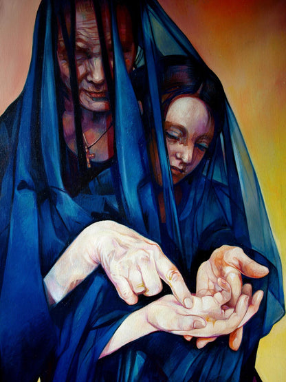 Oil painting Fate by Konsta G. Amelinn with deep blue translucent veil