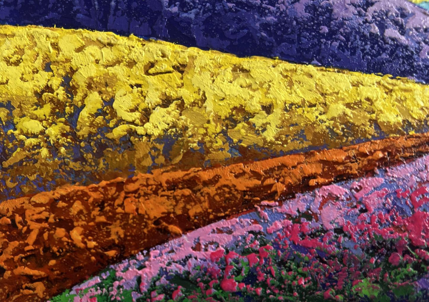 Vibrant oil painting of scarlet mountain range by V. Zadorozhnya