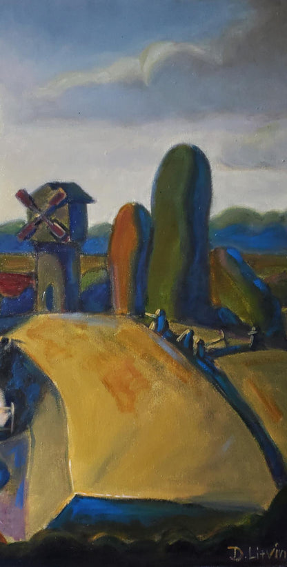 Oil painting Faina Ukraine by Daniil Litvinov: windmill and colorful trees