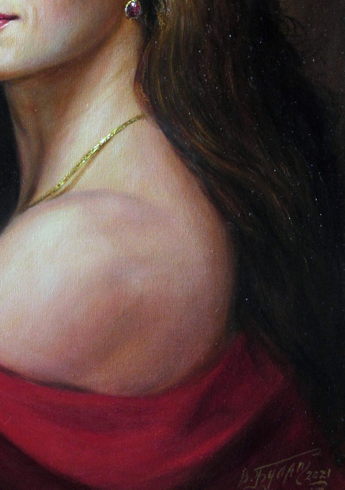 Oil painting of woman with dark hair wearing delicate gold chain necklace, Silk fire Valeriy Bulat
