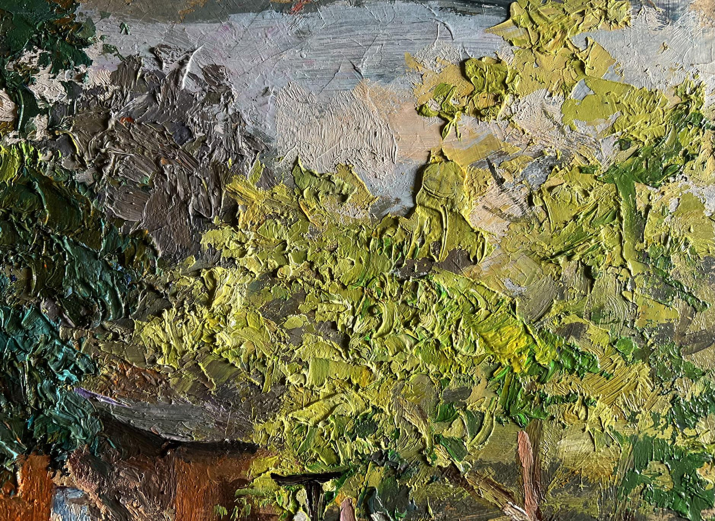 Oil painting Summer holidays in the village by Boris Serdyuk, green foliage and gray sky