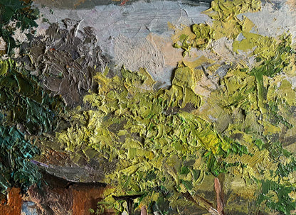 Oil painting Summer holidays in the village by Boris Serdyuk, green foliage and gray sky