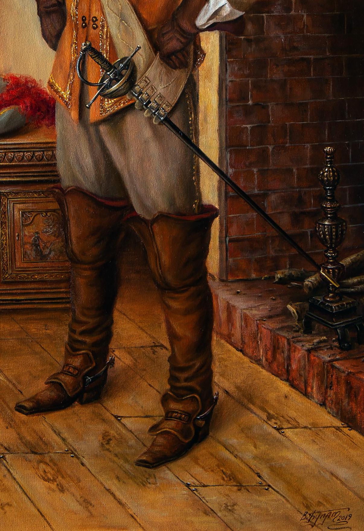 Oil painting of brown leather boots with metal buckles by Valeriy Bulat