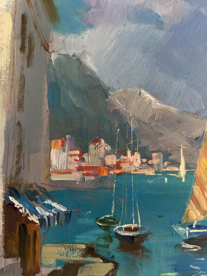 Oil painting Sunny days by the sea by Yuriy Suprunchuk vibrant harbor scene
