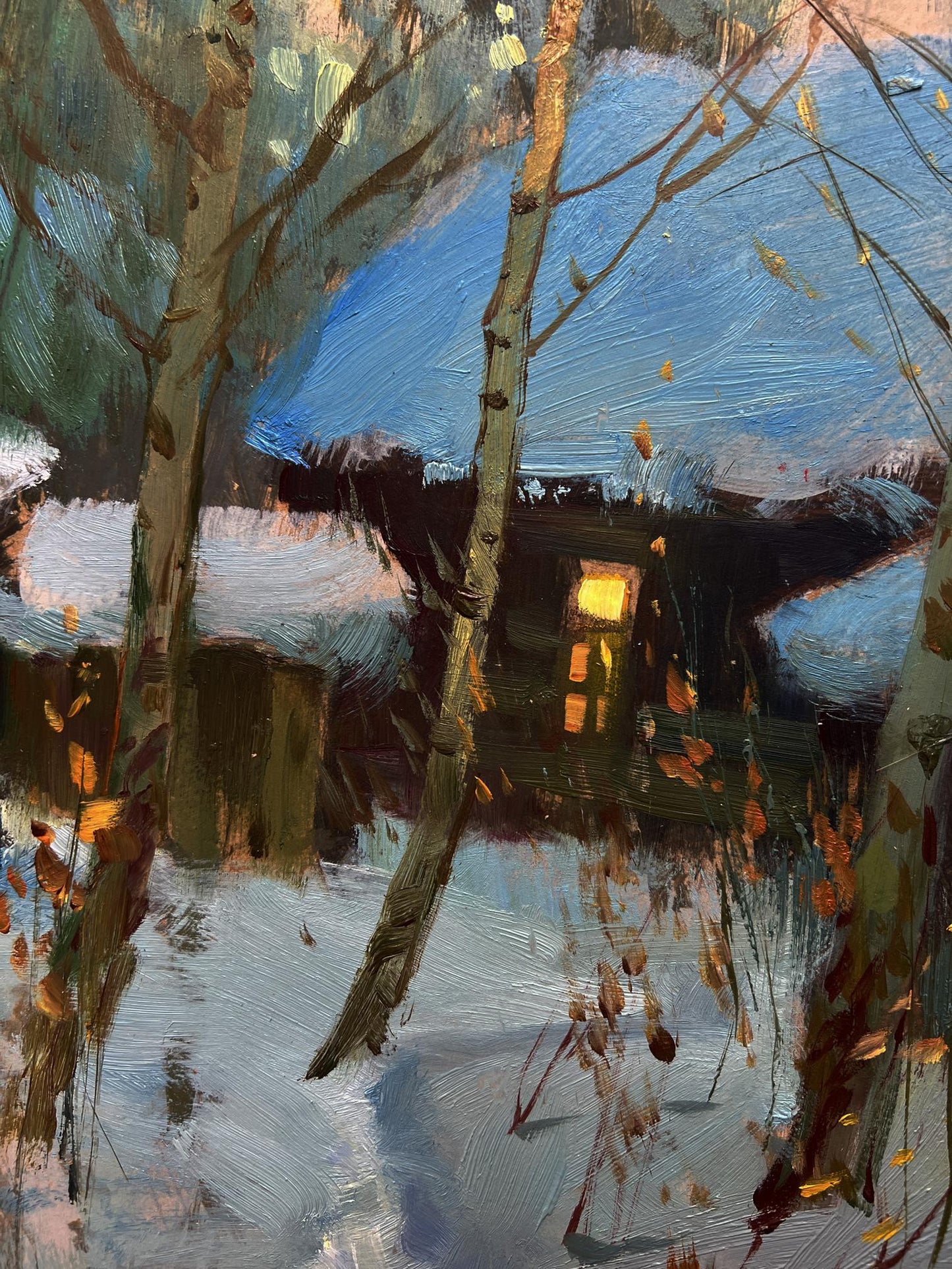 Oil painting Enjoying the winter sunset by Yuriy Suprunchuk snowy scene