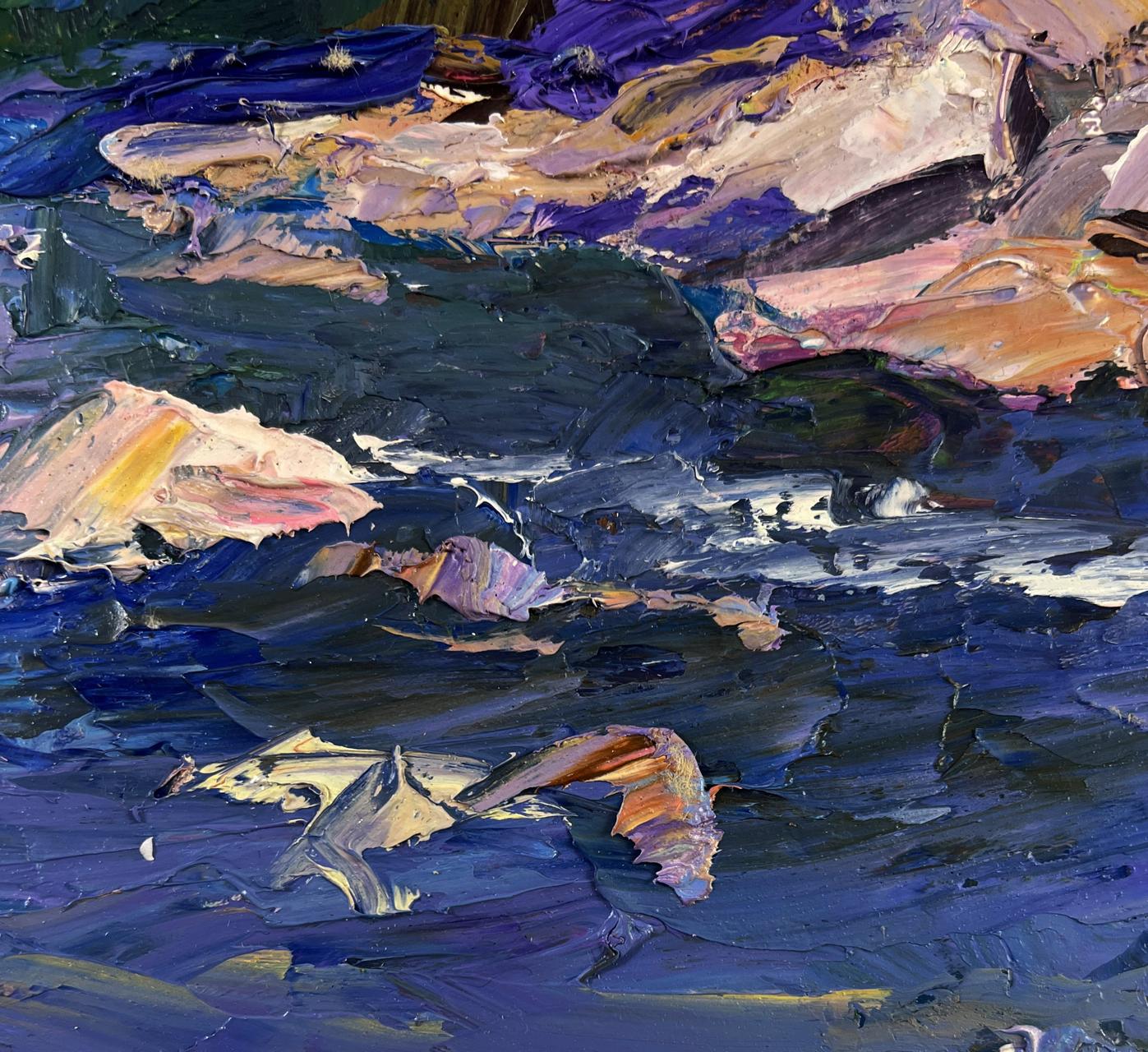 Oil painting of mountain river descending through forest by Boris Serdyuk