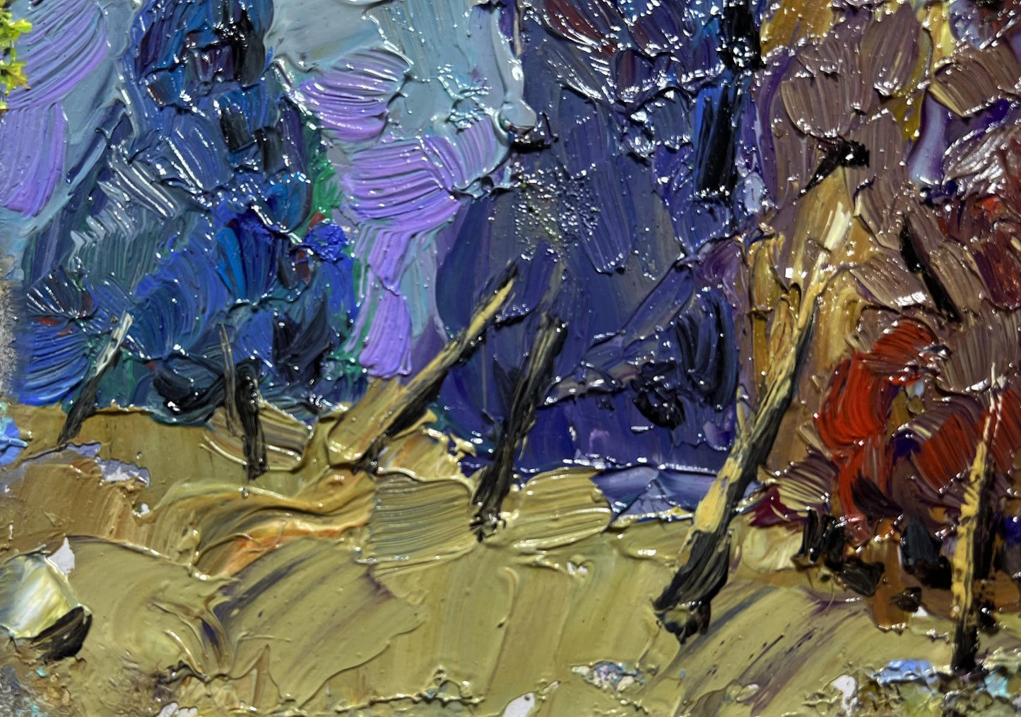 Oil painting Cold wind in the evening by Oleksiy Ivanyuk with blue purple gold layers
