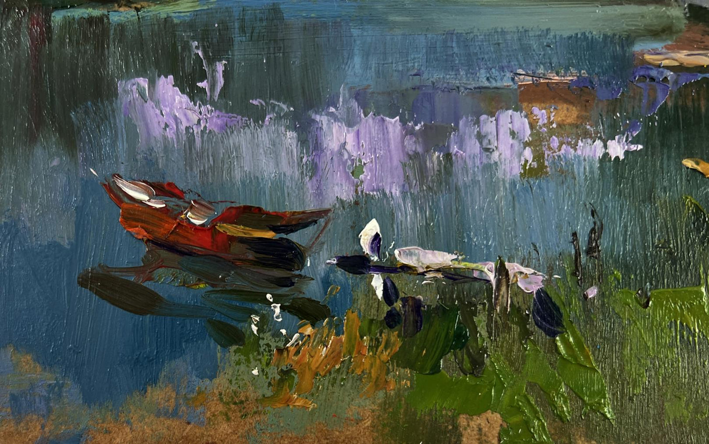 Vibrant red rowboat with white accents on impressionistic river, Yuriy Suprunchuk oil painting