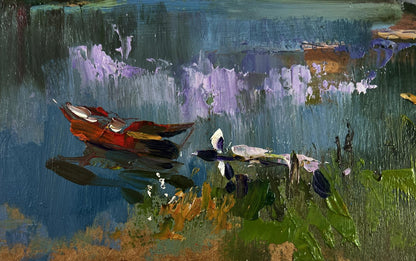 Vibrant red rowboat with white accents on impressionistic river, Yuriy Suprunchuk oil painting