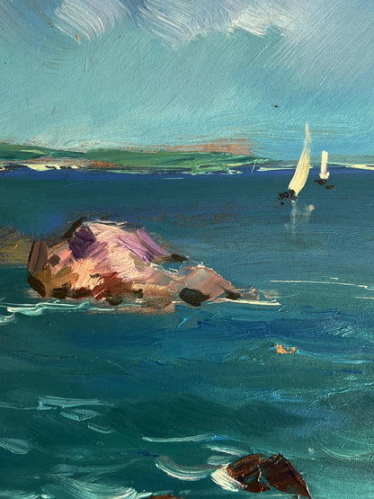 Oil painting of sea lighthouse by Yuriy Suprunchuk with textured pink purple rock in turquoise water