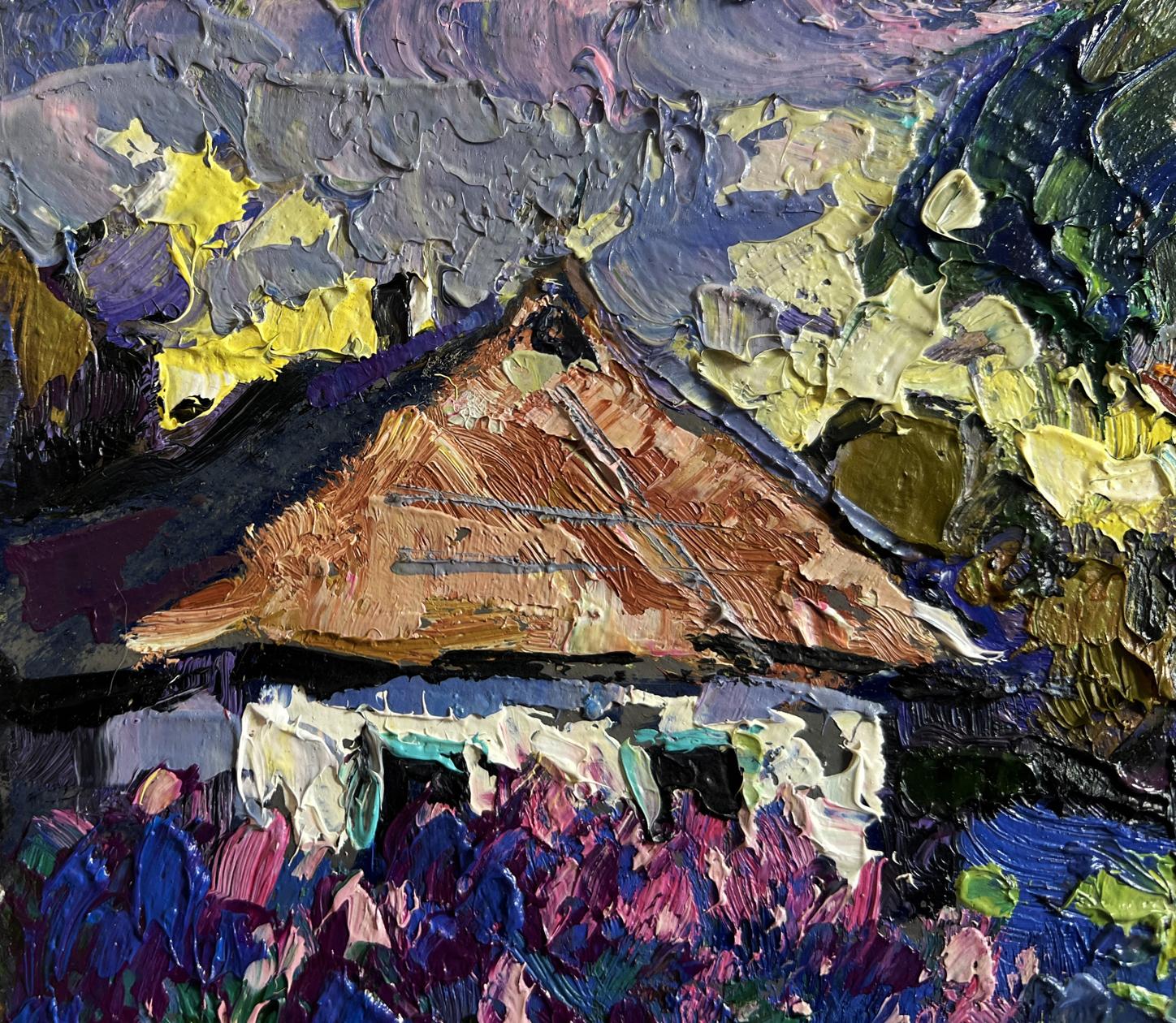 Impressionistic oil painting of thatched roof and lilacs by Oleksiy Ivanyuk