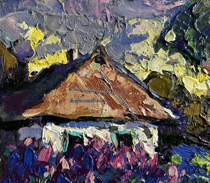 Impressionistic oil painting of thatched roof and lilacs by Oleksiy Ivanyuk