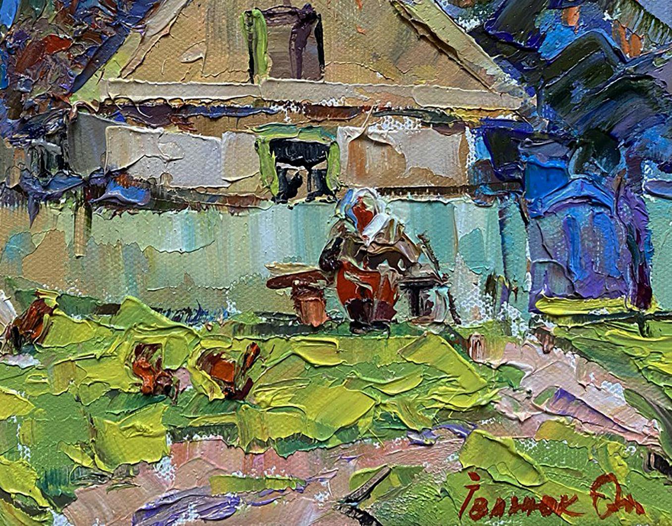 Oil painting Near the Yard by Oleksiy Ivanyuk rustic house in green grass