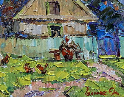 Oil painting Near the Yard by Oleksiy Ivanyuk rustic house in green grass