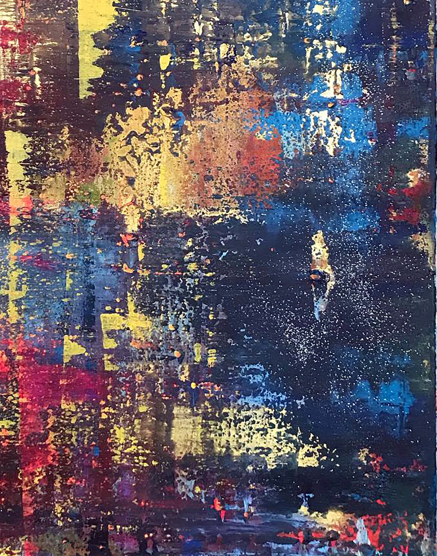 Abstract expressionist A sleepless night painting with bold blue yellow red black splashes