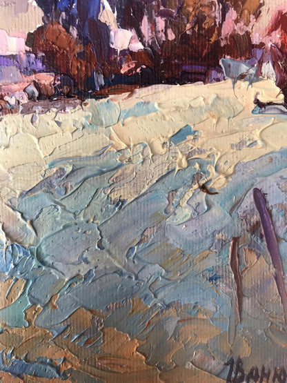 Impasto oil painting Winter distance by Oksana Ivanyuk with cream, blue, brown layers