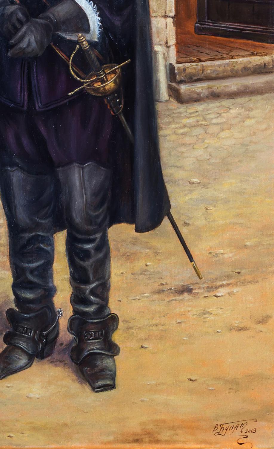 Oil painting of dark ornate sword on armored leg by Valeriy Bulat