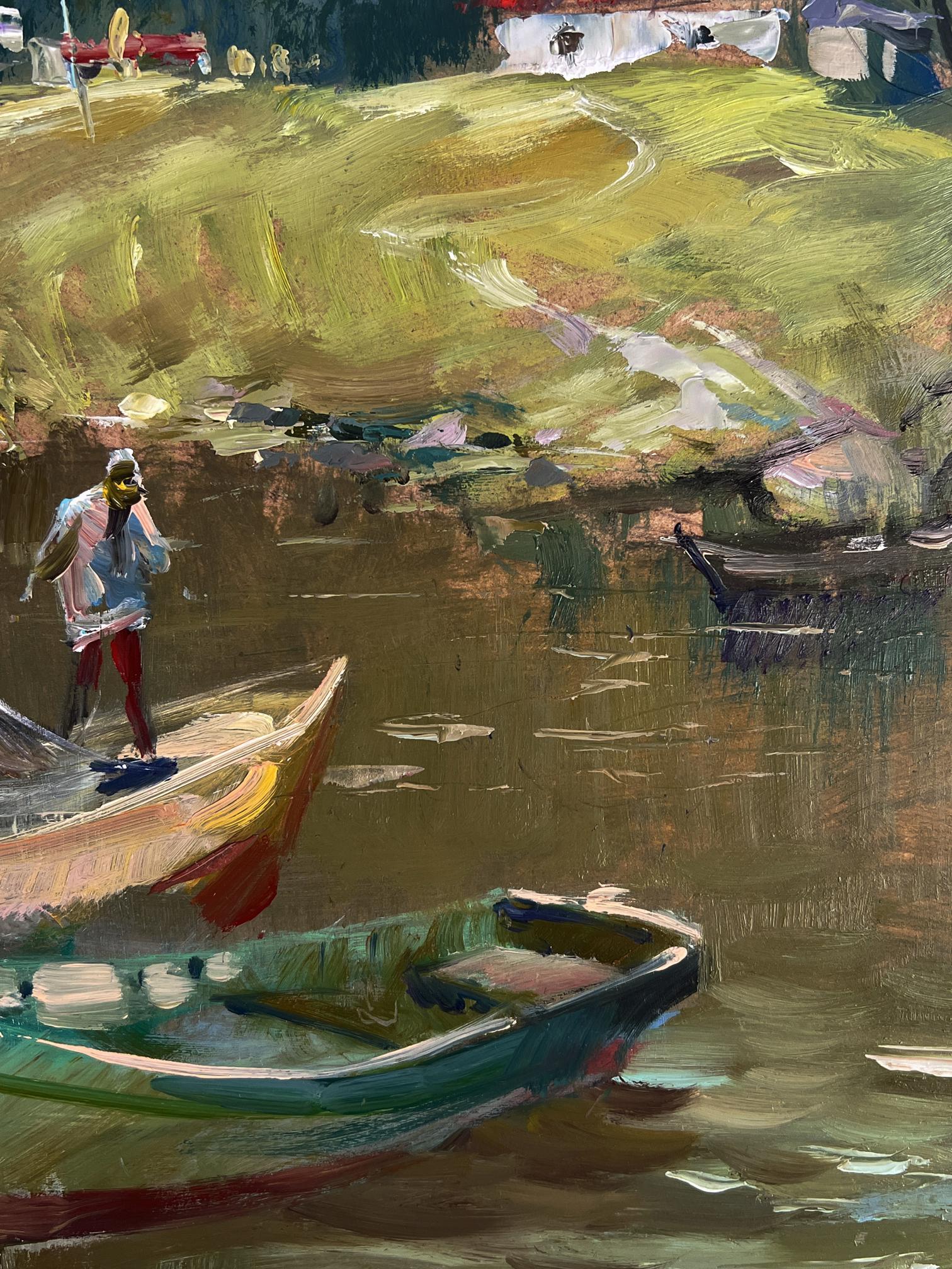 Oil painting of vibrant green red rowboat by Yuriy Suprunchuk