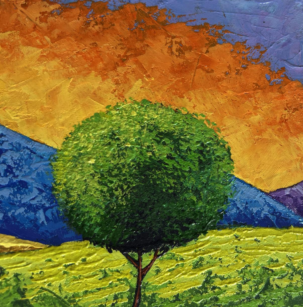 Vibrant oil painting of green tree at summer sunset by V. Zadorozhnya