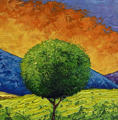 Vibrant oil painting of green tree at summer sunset by V. Zadorozhnya