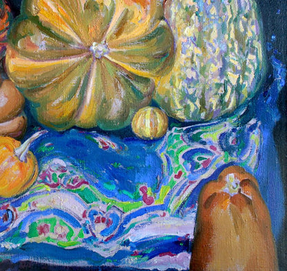 Oil painting of large and small yellow green pumpkins by Leonid Pavlenko