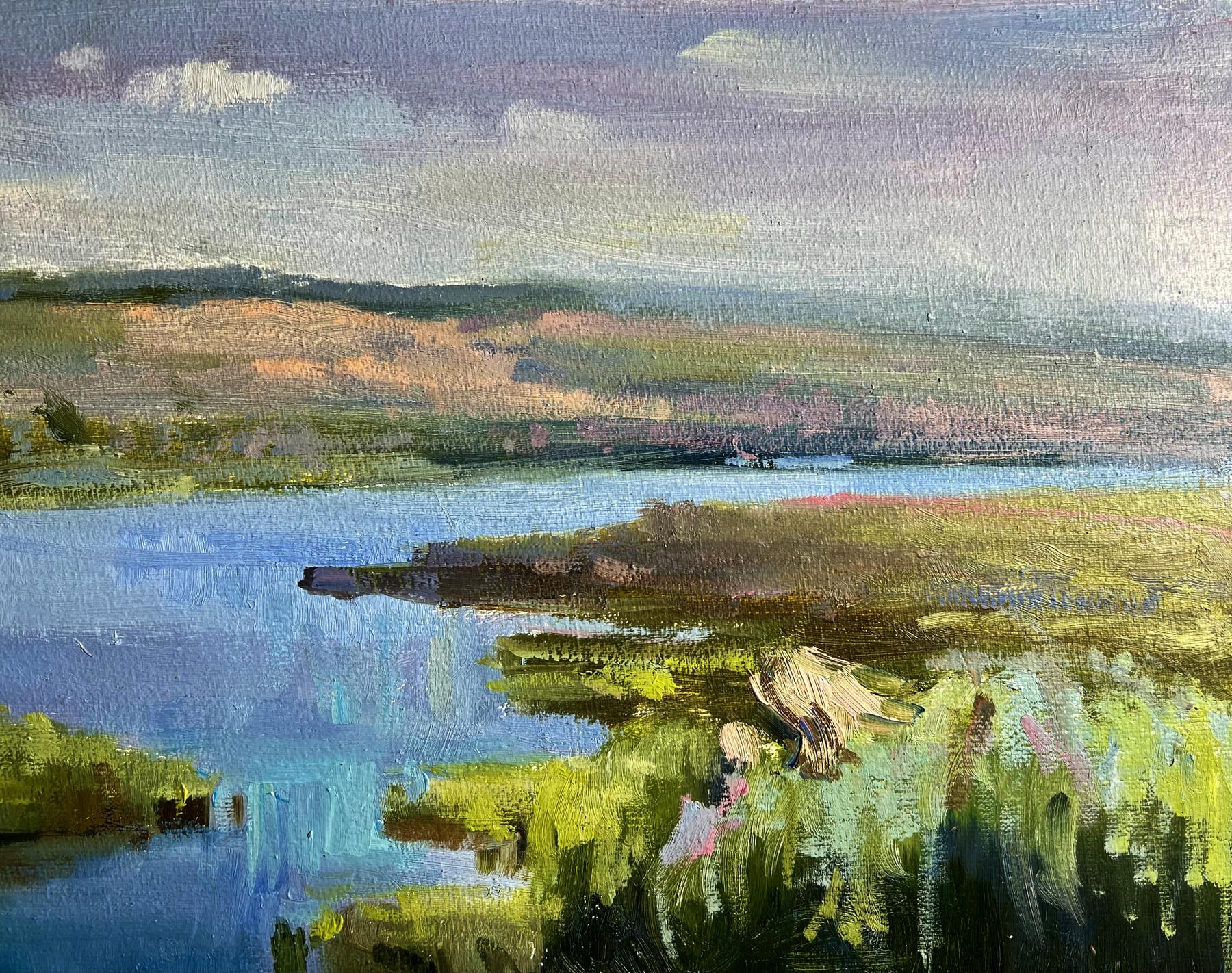 Serene impressionistic oil painting of sunny summer marsh landscape by Tatyana Derdey