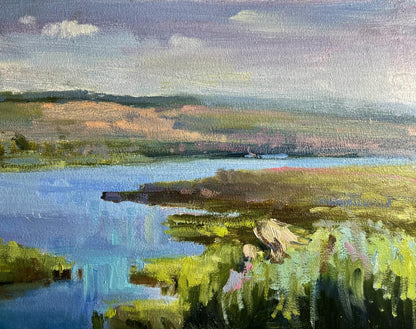 Serene impressionistic oil painting of sunny summer marsh landscape by Tatyana Derdey