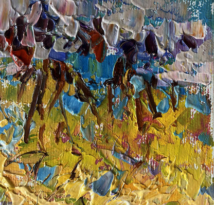 Oil painting Autumn city alley by Oleksiy Ivanyuk, vibrant yellow blue purple impasto