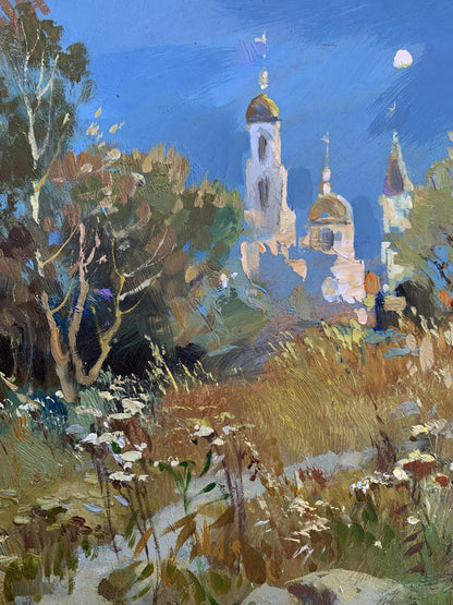 Vibrant impressionist oil painting of Yuriy Suprunchuks moonlit white church with golden domes amid autumn trees