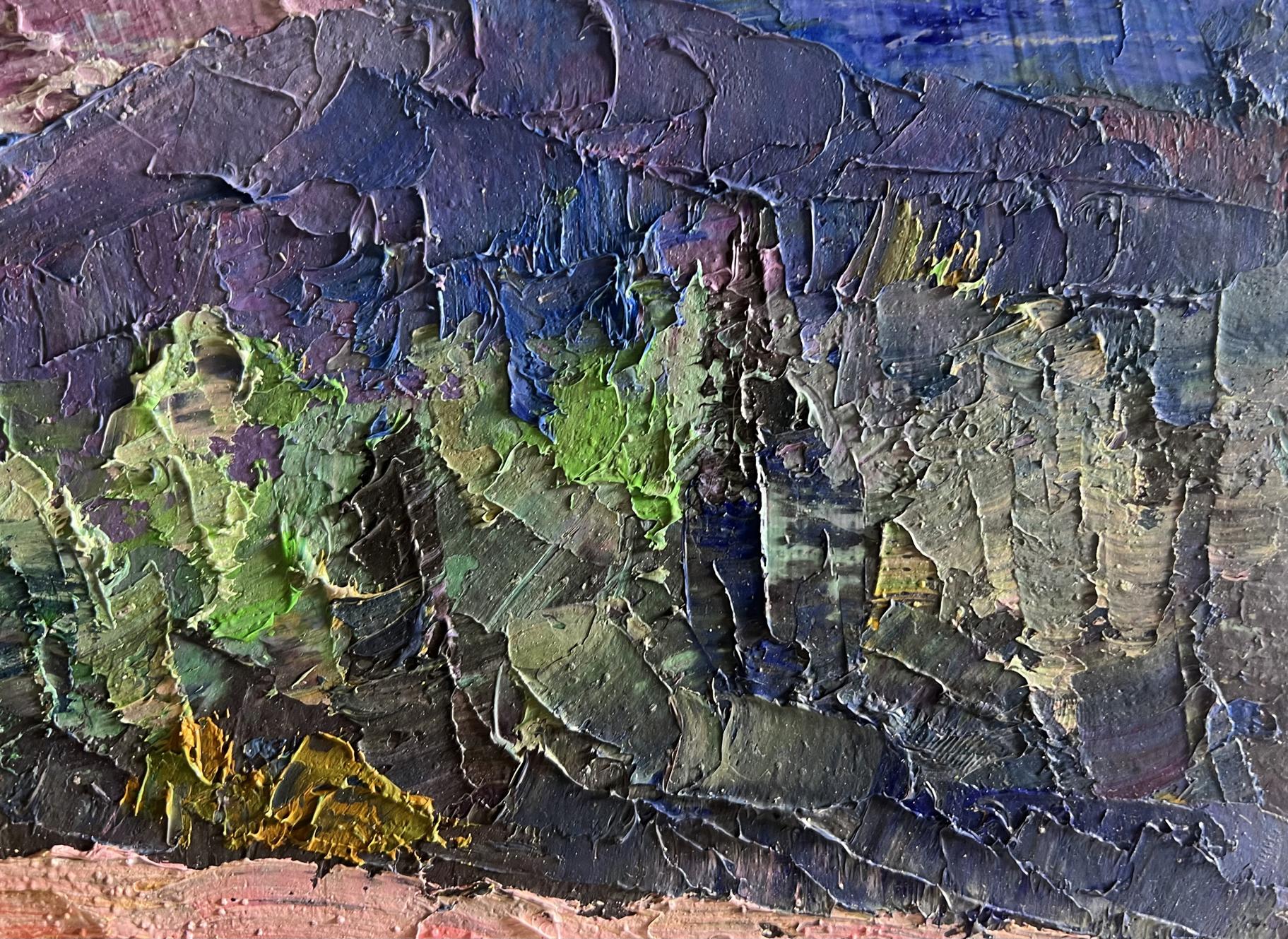 Oil painting Flowery mountain meadows by Boris Serdyuk, textured purples and blues