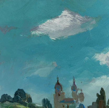 Oil painting Summer quiet fishing by Yuriy Suprunchuk: turquoise sky, spires