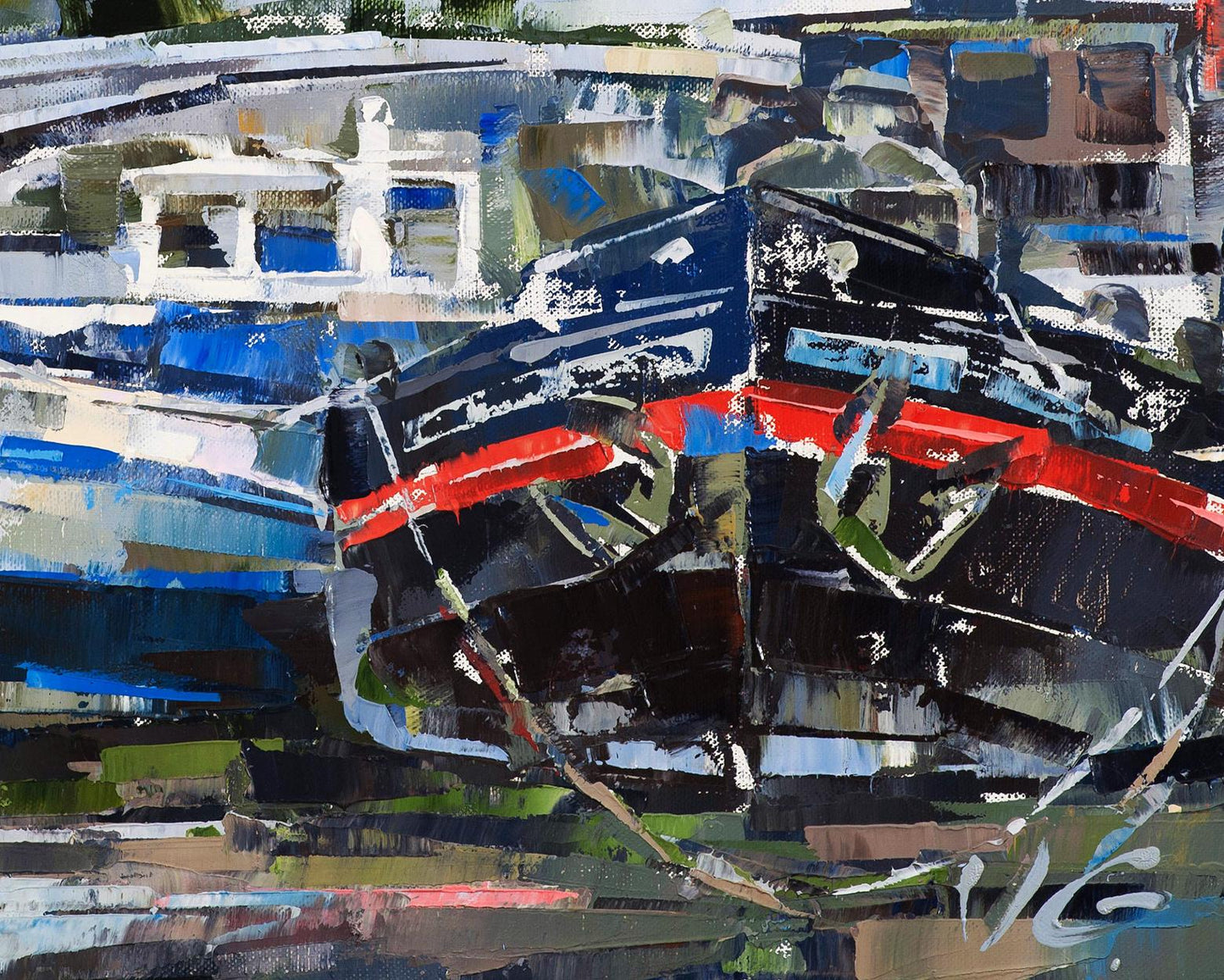Oil painting Boats and bridge by Volodymyr Gluhomanyuk, bold blue strokes