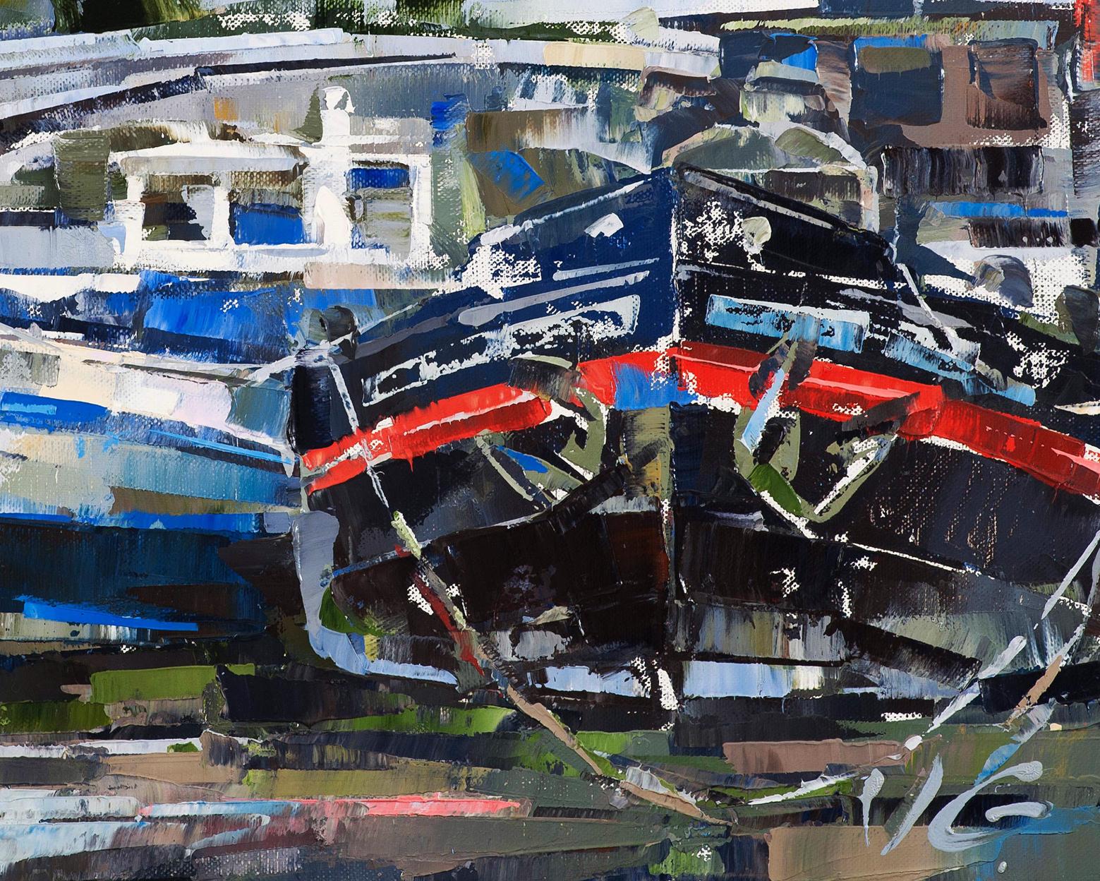 Oil painting Boats and bridge by Volodymyr Gluhomanyuk, bold blue strokes