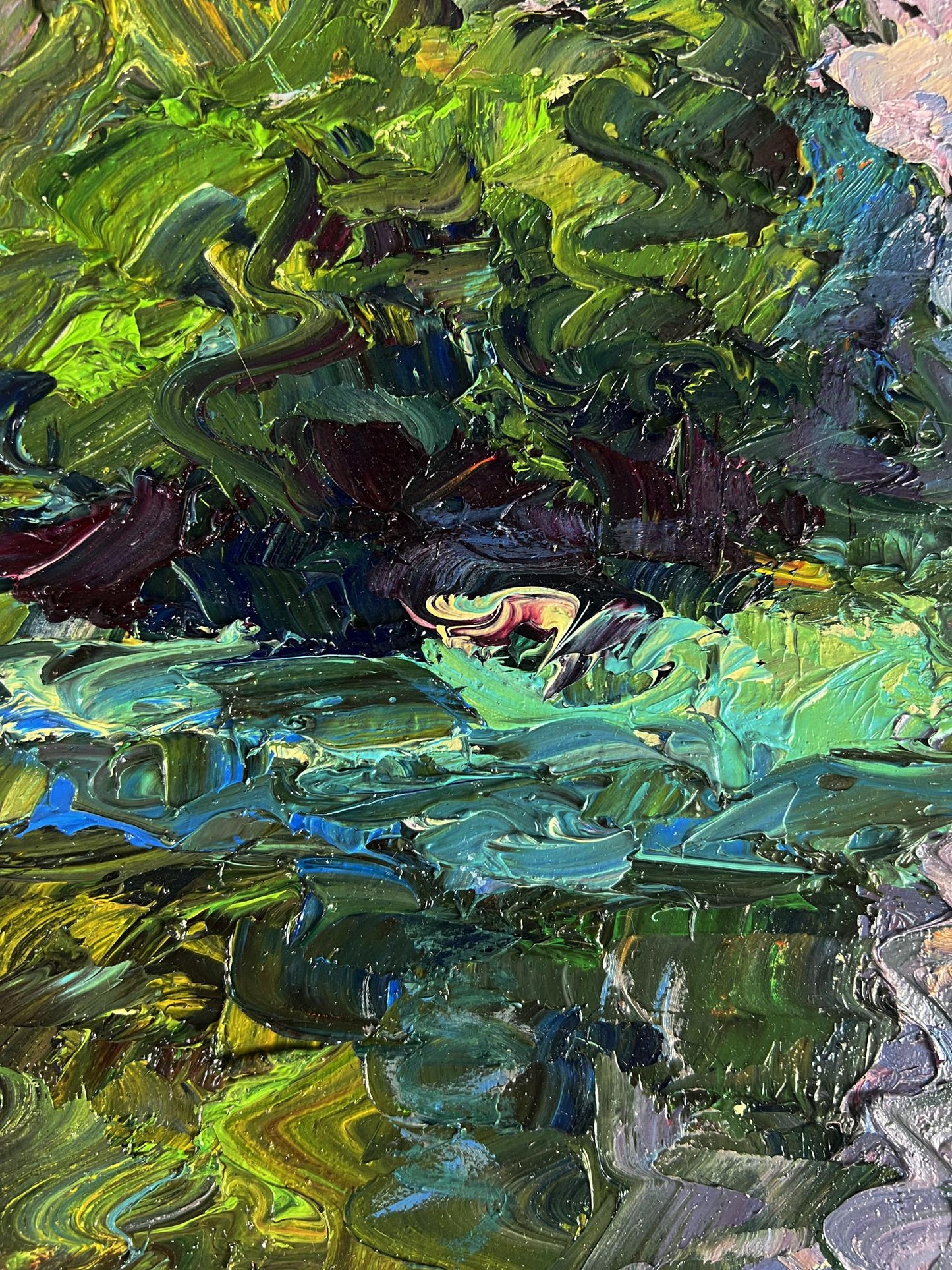 Oil painting Quiet daytime river by Boris Serdyuk, vibrant green blue purple abstract